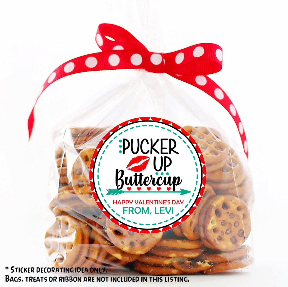 Red and teal Pucker Up Valentine favor label for kids