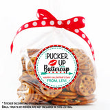 Red and teal Pucker Up Valentine favor label for kids