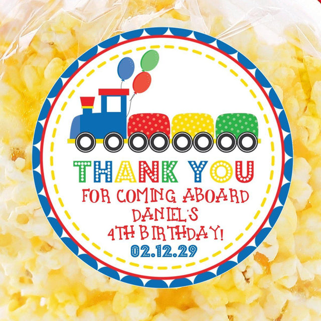 Red blue yellow train themed birthday sticker