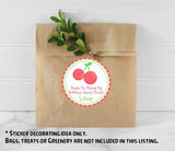 Red cherry treat bag sticker for kids’ birthdays