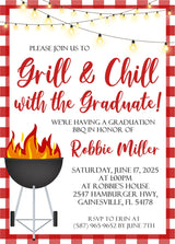 Red gingham Grill and Chill graduation party invitation with BBQ grill illustration