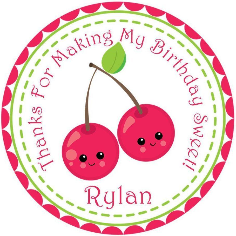 Red kawaii cherry birthday sticker with smiling cherries