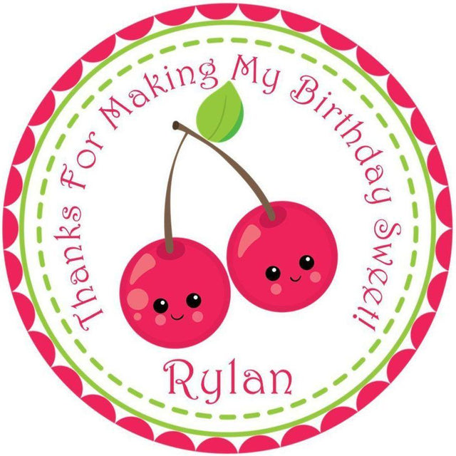 Red kawaii cherry birthday sticker with smiling cherries