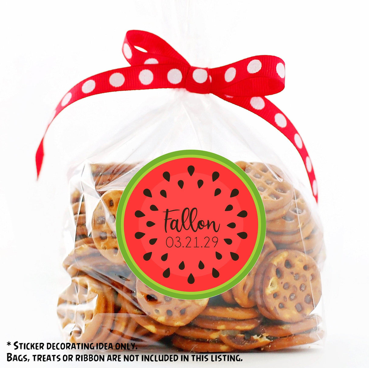 Red melon party favor label with black seeds