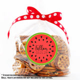 Red melon party favor label with black seeds