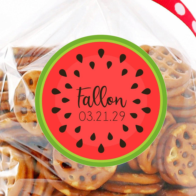 Red melon party favor label with black seeds