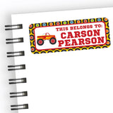 Red monster truck back to school name label with flame truck illustration and gear border