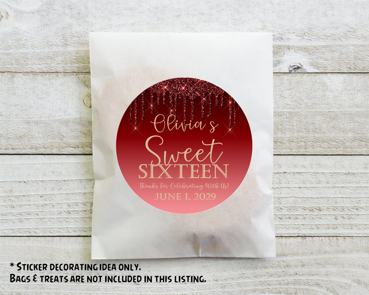 Red ombre Sweet Sixteen sticker for treat bags