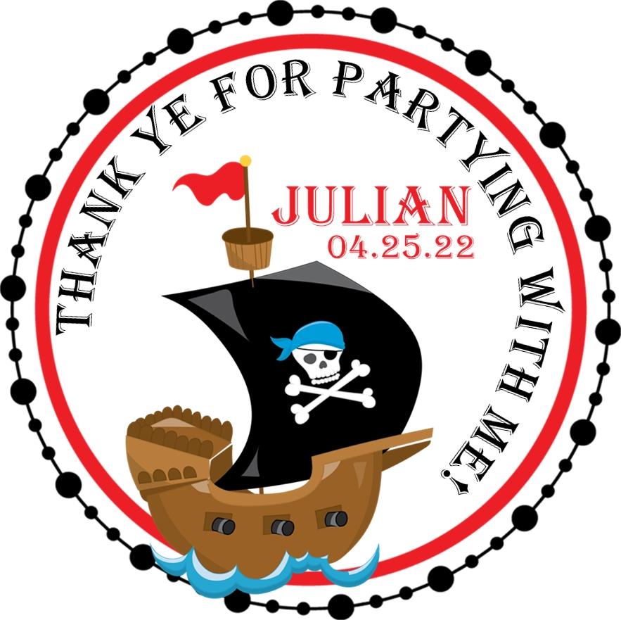 Red pirate ship birthday sticker with skull flag and custom text