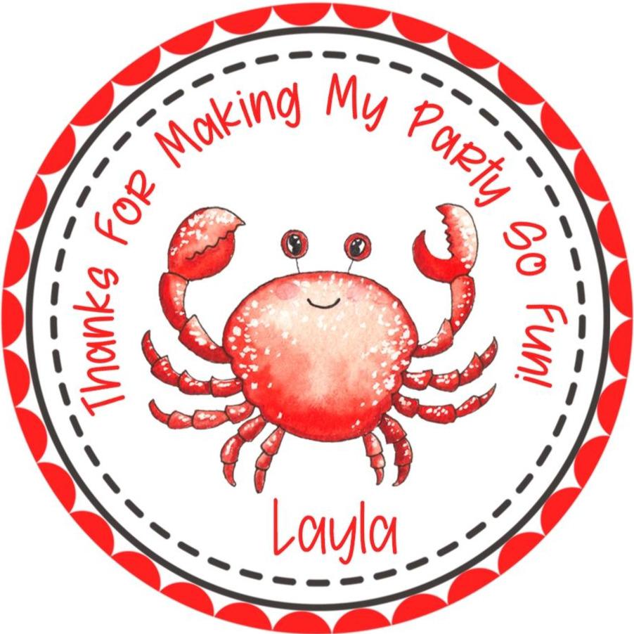 Red watercolor crab birthday sticker with dotted border
