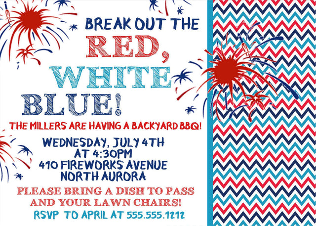 Red white and blue 4th of July BBQ invitation chevron pattern