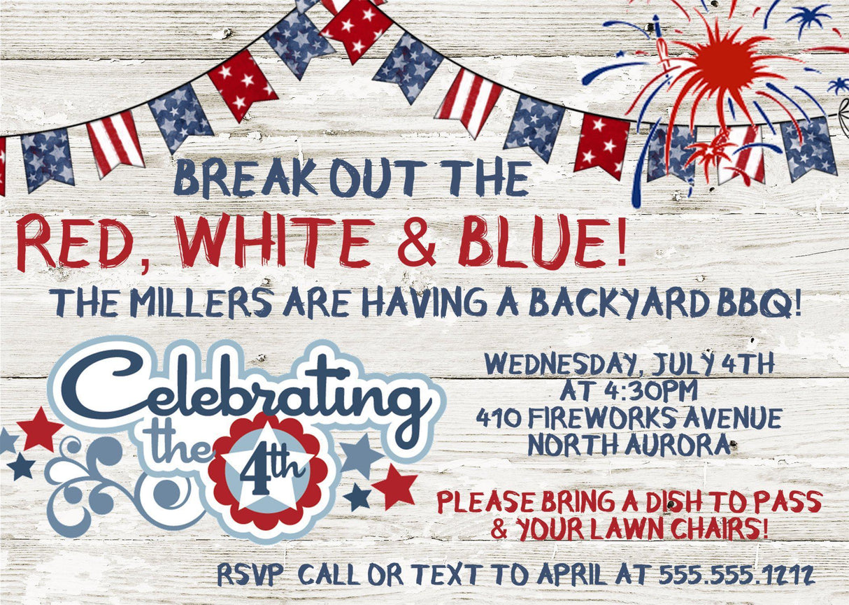 Red white and blue 4th of July BBQ invitation with bunting