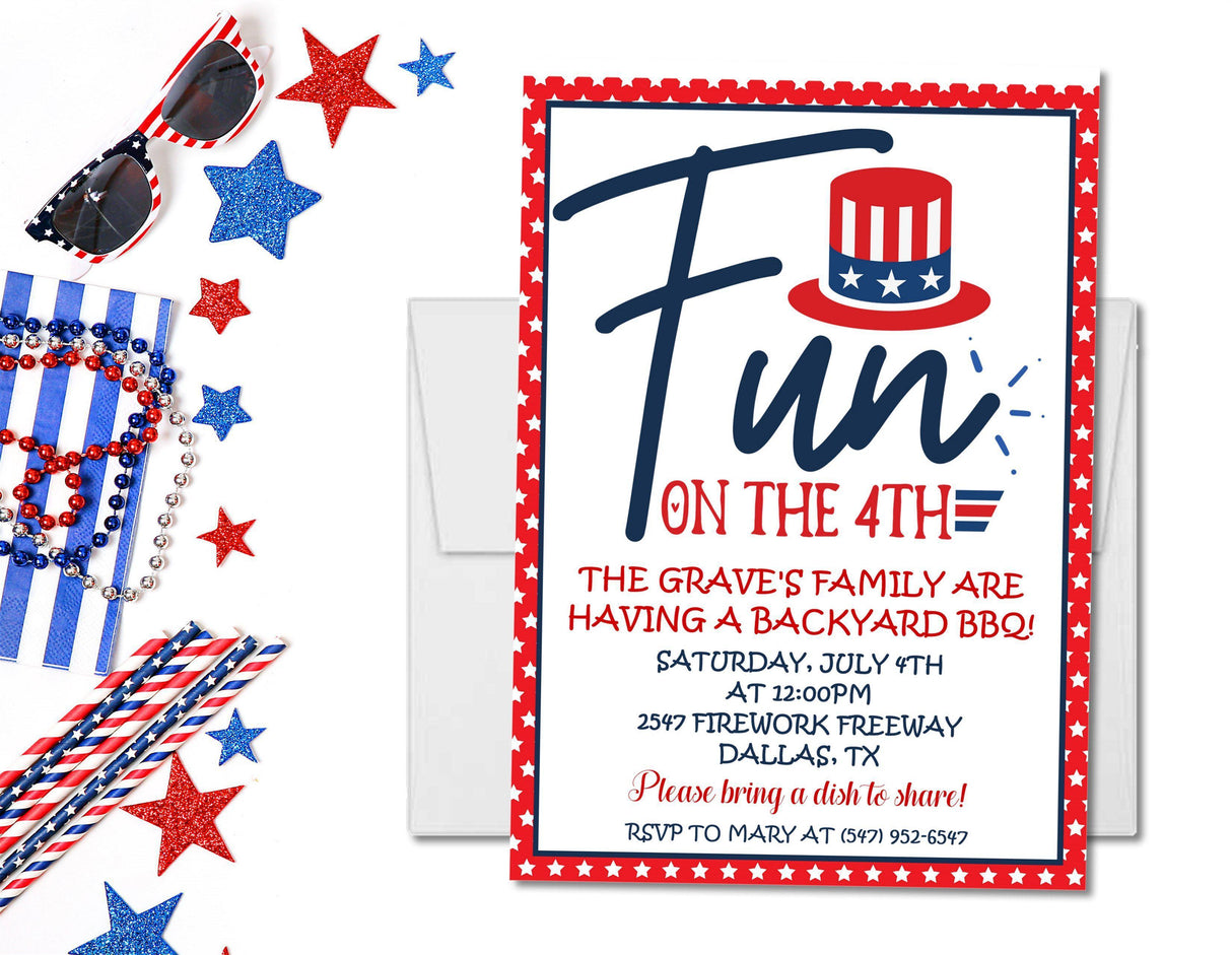 Red white blue Independence Day backyard party invitation