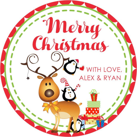 Reindeer and penguin Christmas sticker with holiday gifts