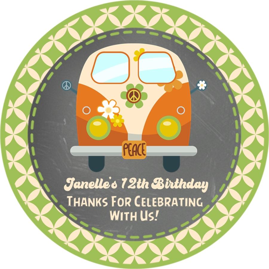 Retro green orange hippie bus party label