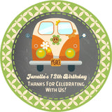 Retro green orange hippie bus party label