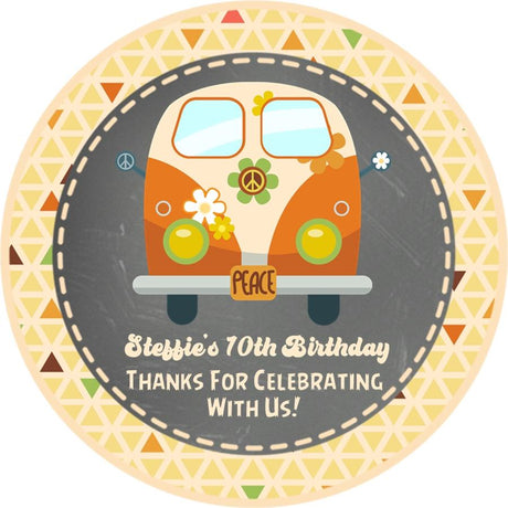 Retro orange hippie bus birthday sticker flower border