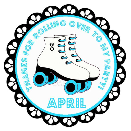 Retro turquoise skating party favor label design