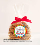 Robot party favor label with multicolor pixel border