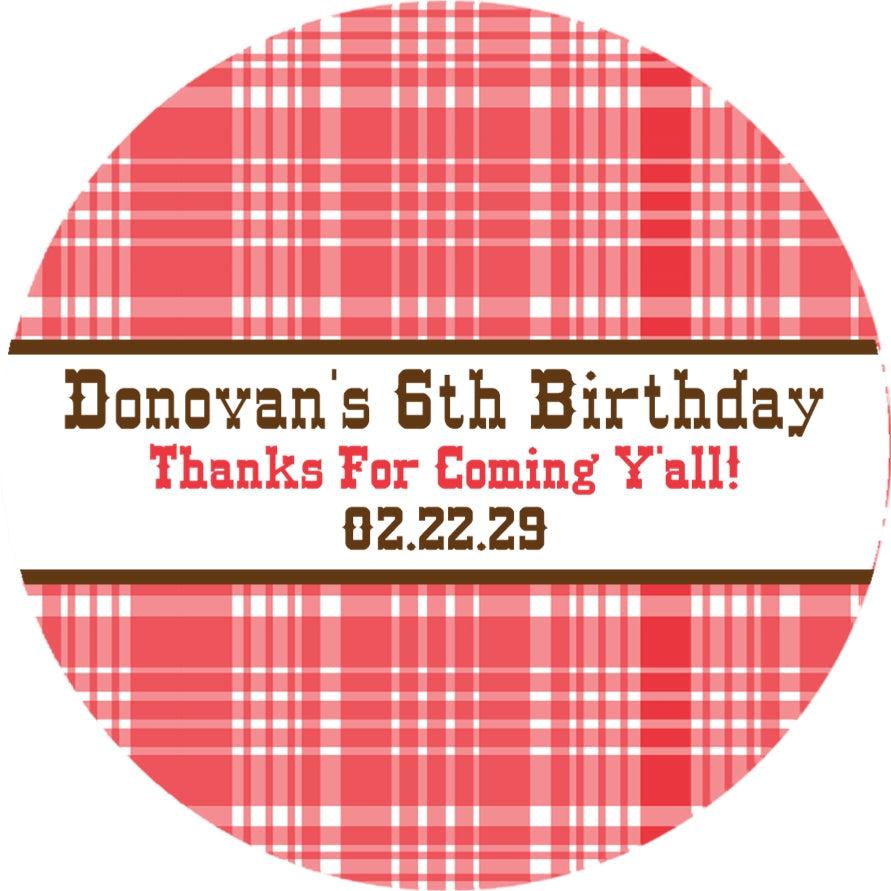 Rodeo party favor label with gingham print