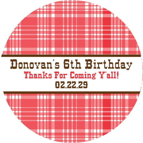 Rodeo party favor label with gingham print