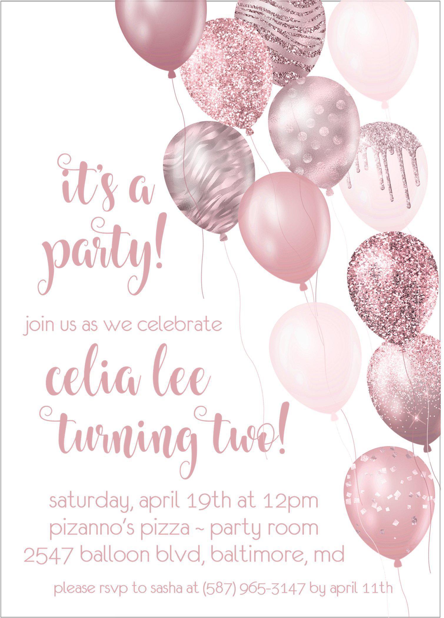 Rose Gold Balloon Birthday Party Invitations