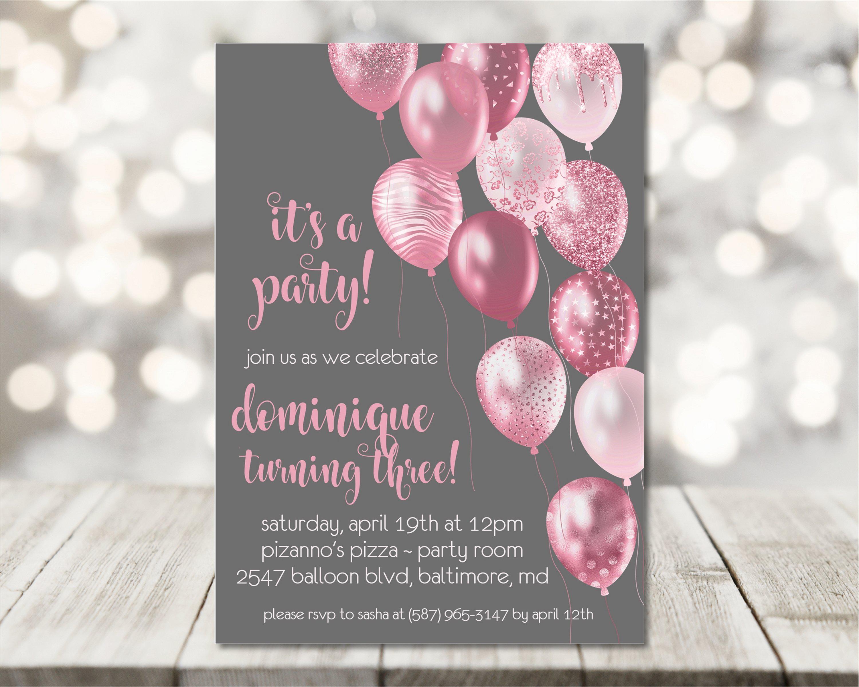 Rose Pink And Grey Balloon Birthday Party Invitations