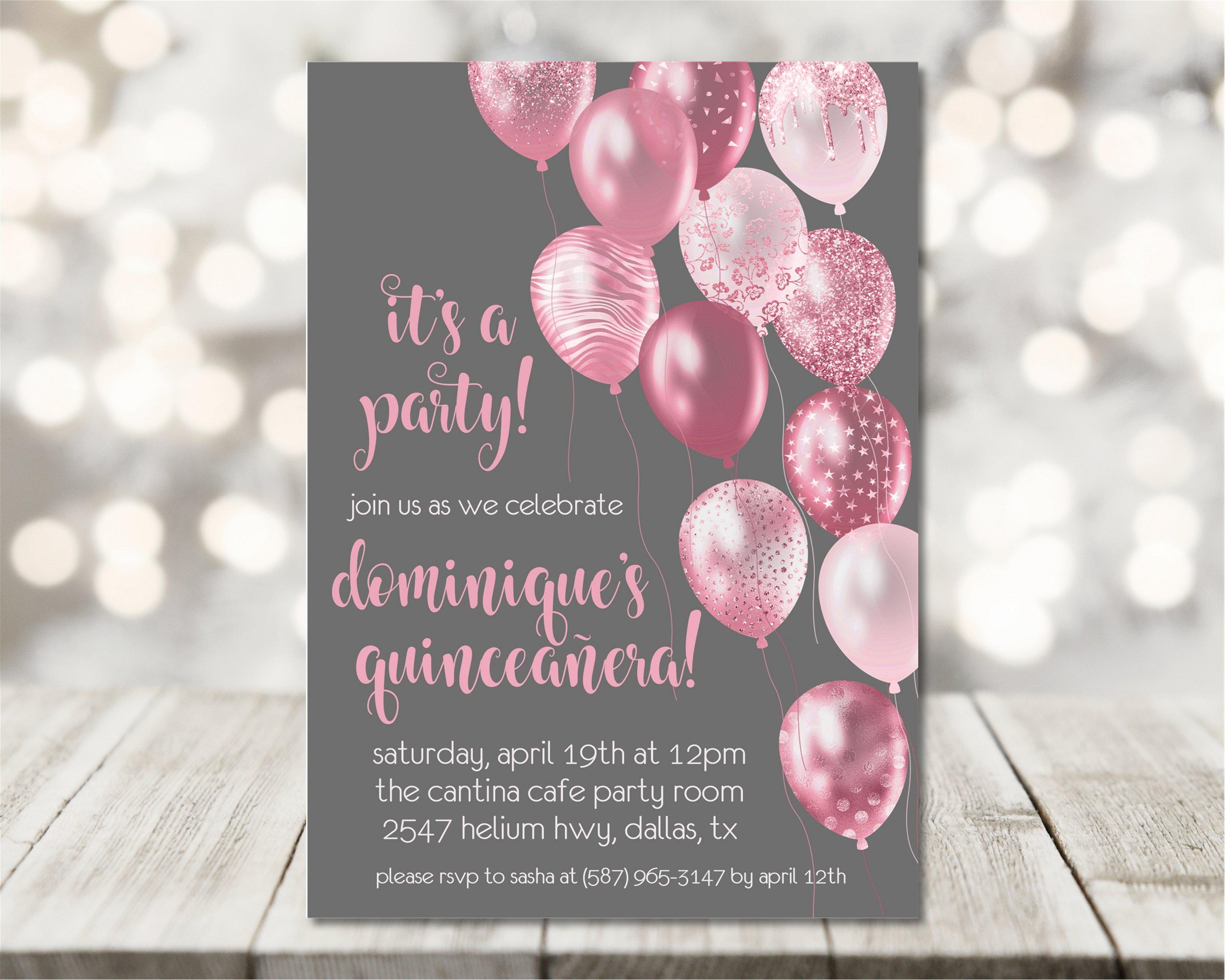 Rose Pink And Grey Balloon Quinceanera Invitations