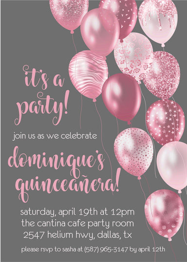 Rose Pink And Grey Balloon Quinceanera Invitations