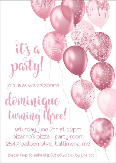 Rose Pink Balloon Birthday Party Invitations