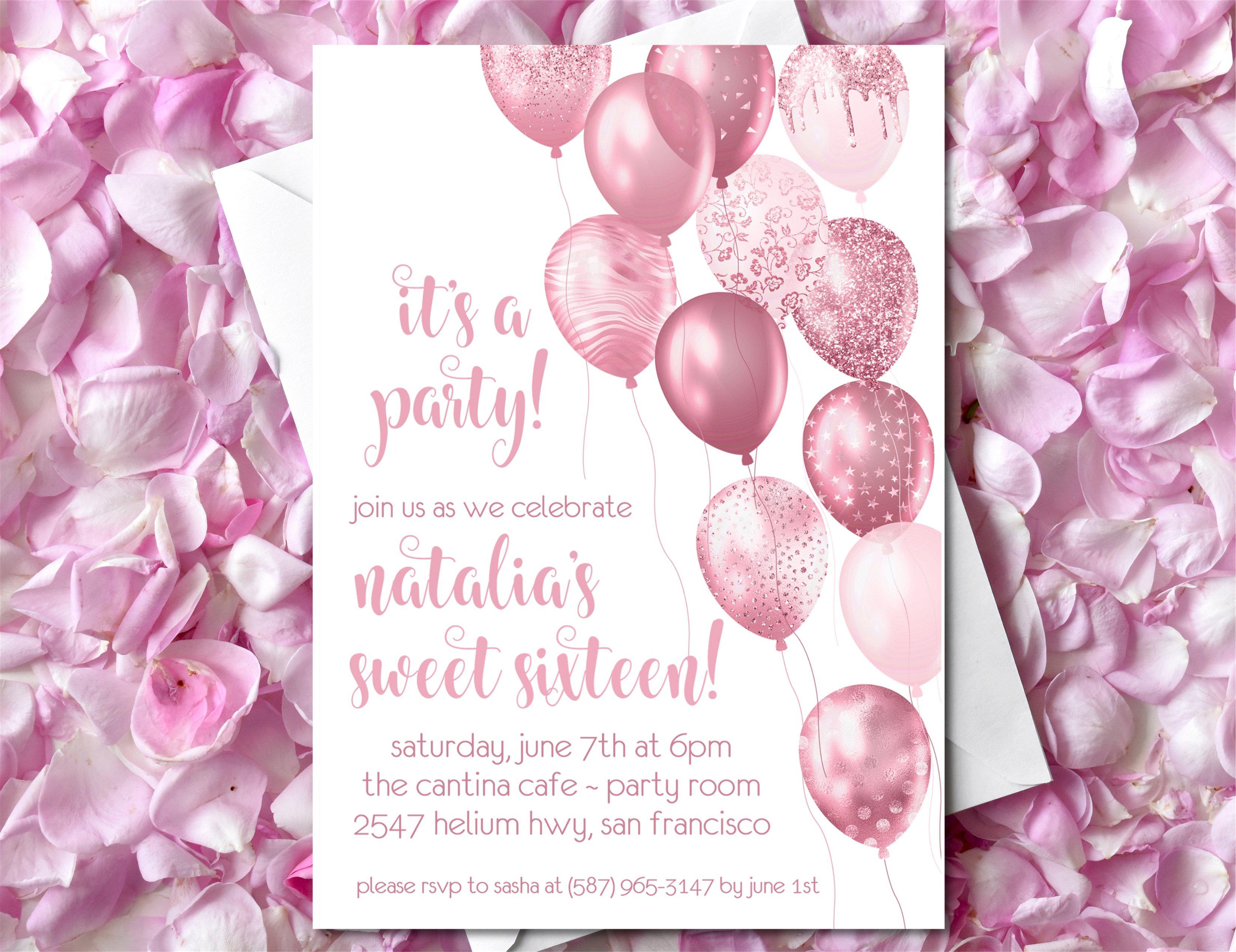 Rose Pink Balloon Sweet 16 Party Invitations