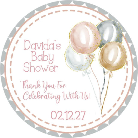 Rose gold, silver, and champagne balloon baby shower sticker.