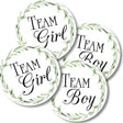 Round Team Boy and Team Girl gender reveal stickers featuring greenery wreath artwork