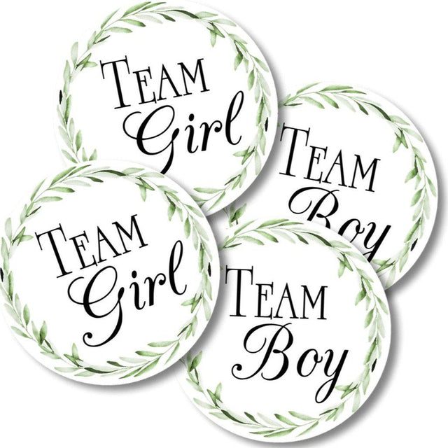 Round Team Boy and Team Girl gender reveal stickers featuring greenery wreath artwork
