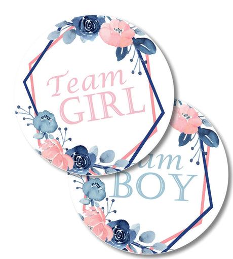 Round Team Boy and Team Girl gender reveal stickers featuring pink and blue floral accents
