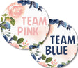 Round Team Pink and Team Blue gender reveal stickers featuring pink and navy floral artwork