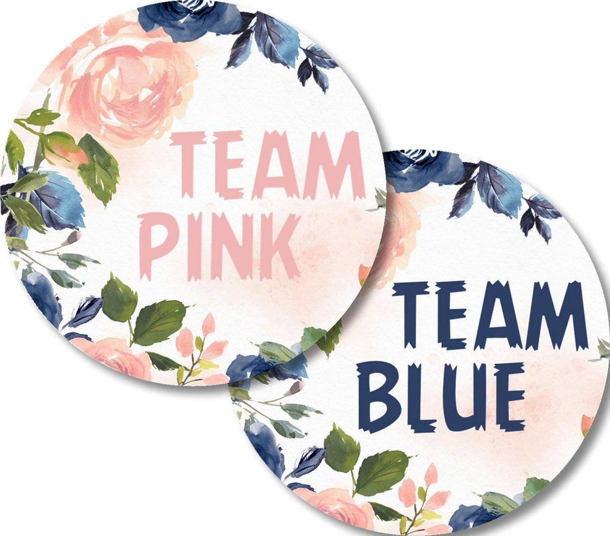 Round Team Pink and Team Blue gender reveal stickers featuring pink and navy floral artwork