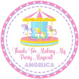 Round carousel birthday sticker in pink and lavender theme