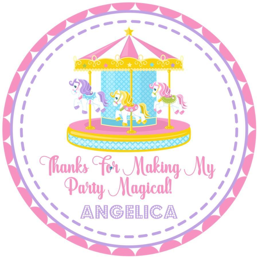 Round carousel birthday sticker in pink and lavender theme
