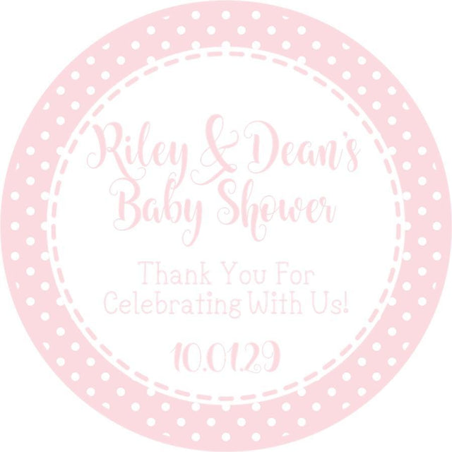 Round pink thank-you sticker for baby shower favors