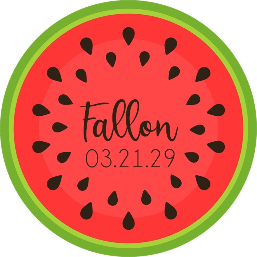 Round watermelon birthday sticker with personalized name and date