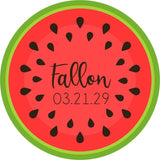 Round watermelon birthday sticker with personalized name and date