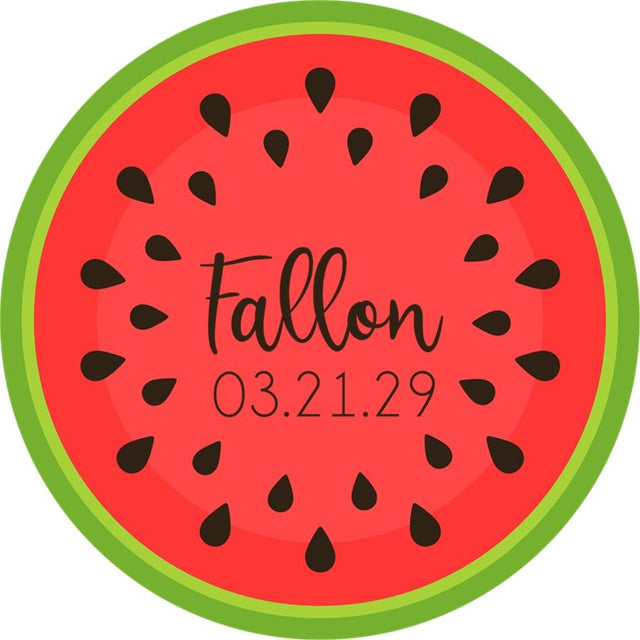 Round watermelon birthday sticker with personalized name and date