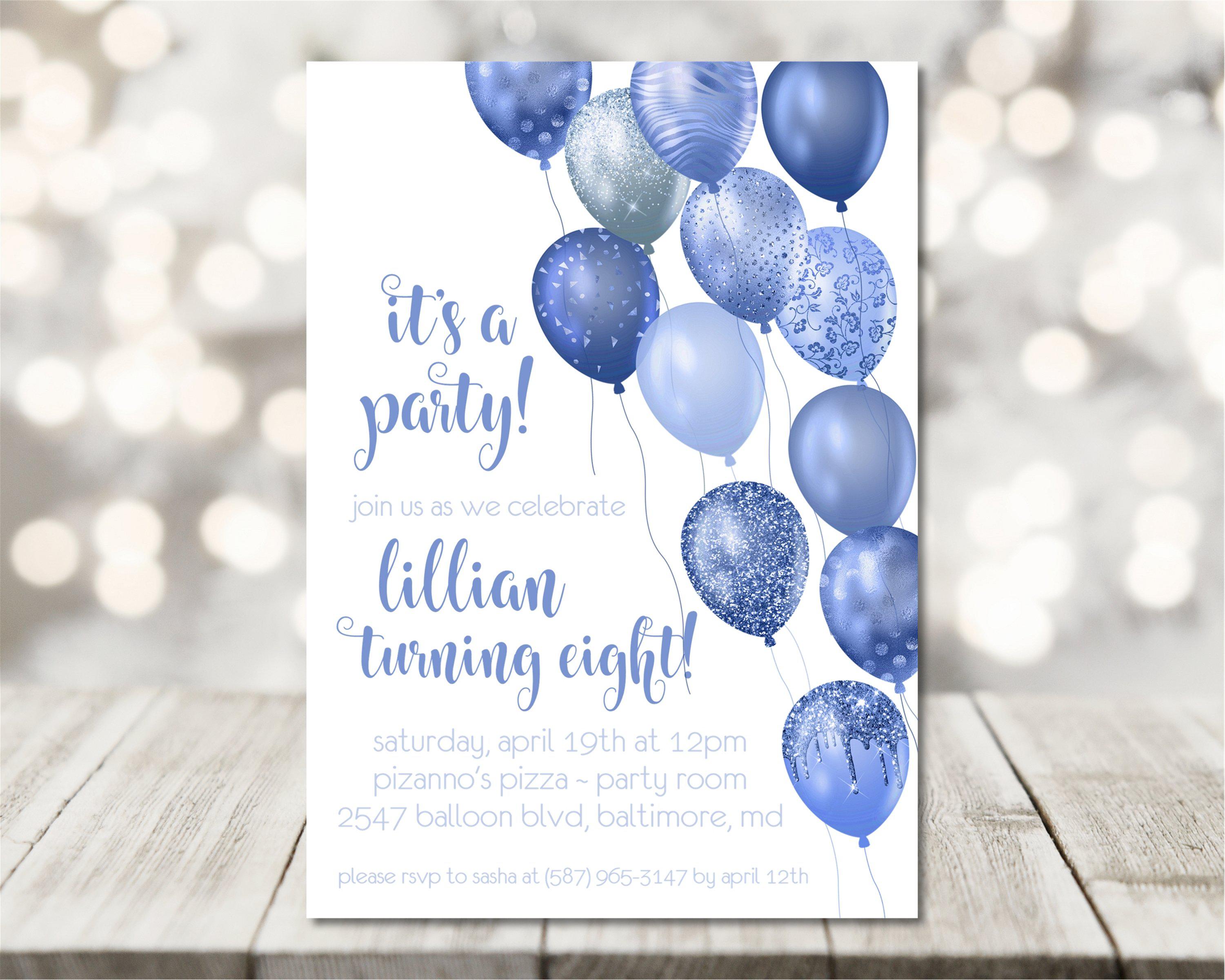 Royal Blue Balloon Birthday Party Invitations