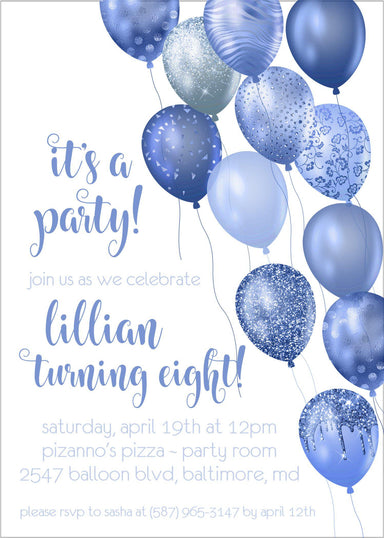 Royal Blue Balloon Birthday Party Invitations