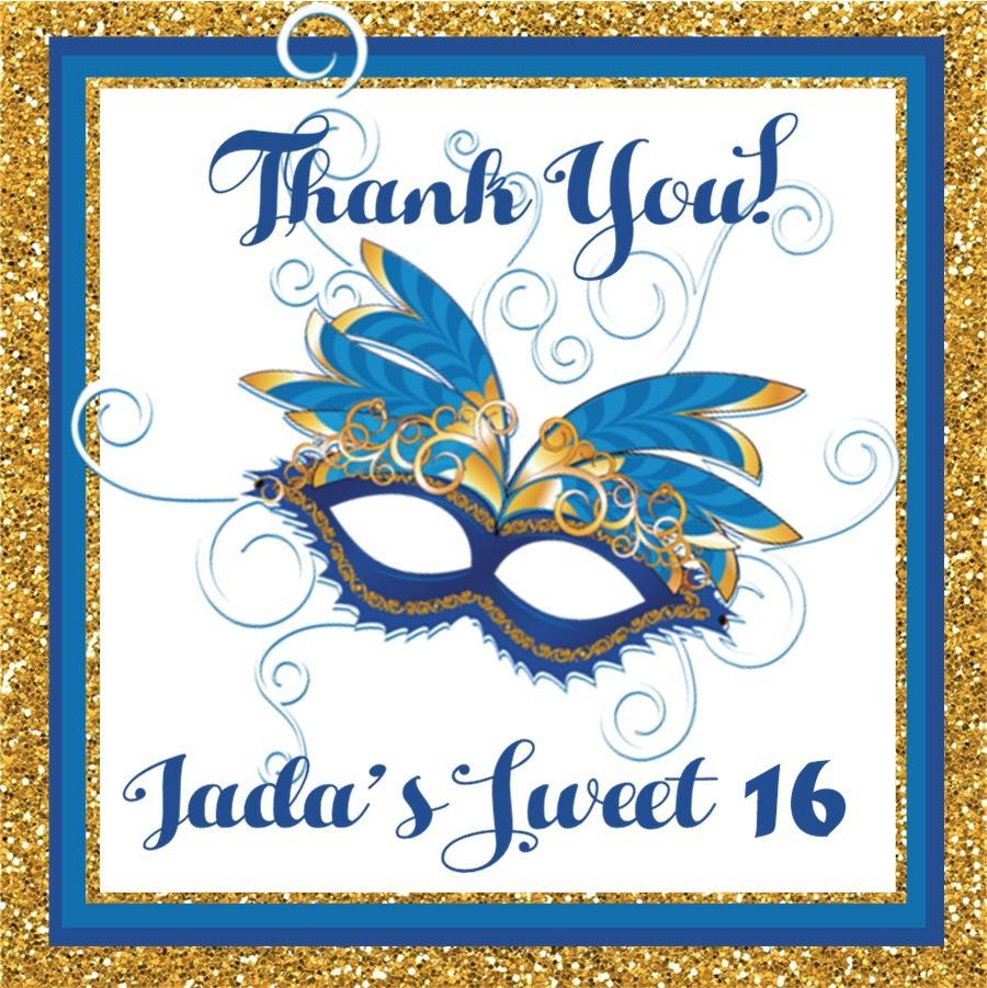 Royal blue masquerade mask birthday sticker with printed glitter border