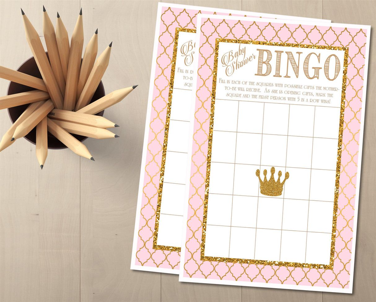 Royal pink gold baby shower bingo card