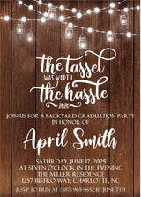 Rustic graduation party invitation with string lights and wood background