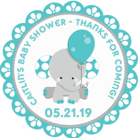 Safari elephant favor stickers – teal and gray theme