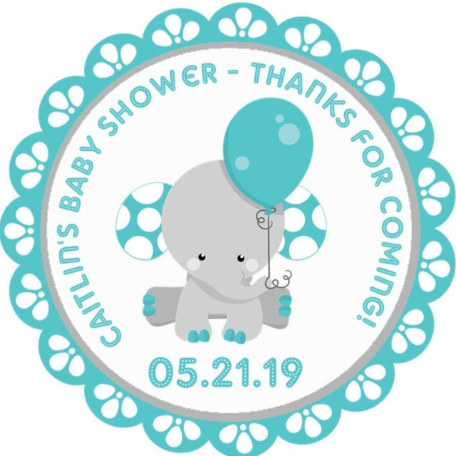 Safari elephant favor stickers – teal and gray theme